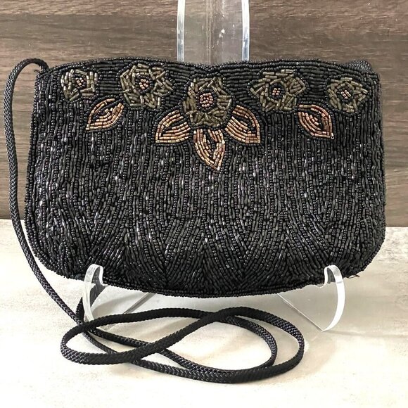 Vintage La Regale Black Glass Bead Floral Beaded Zip Top Evening Bag with Strap - Picture 1 of 9